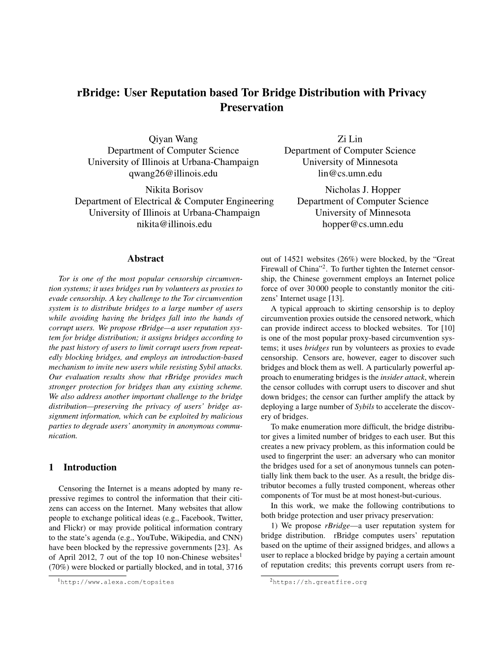 Rbridge: User Reputation Based Tor Bridge Distribution with Privacy Preservation
