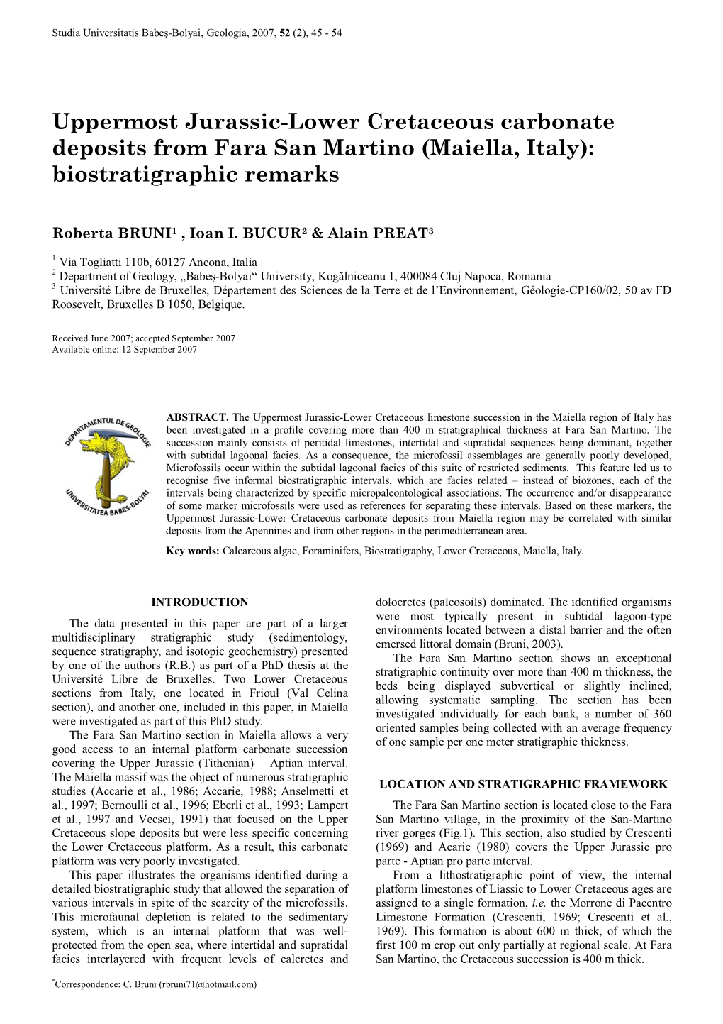 Uppermost Jurassic-Lower Cretaceous Carbonate Deposits from Fara San Martino (Maiella, Italy): Biostratigraphic Remarks