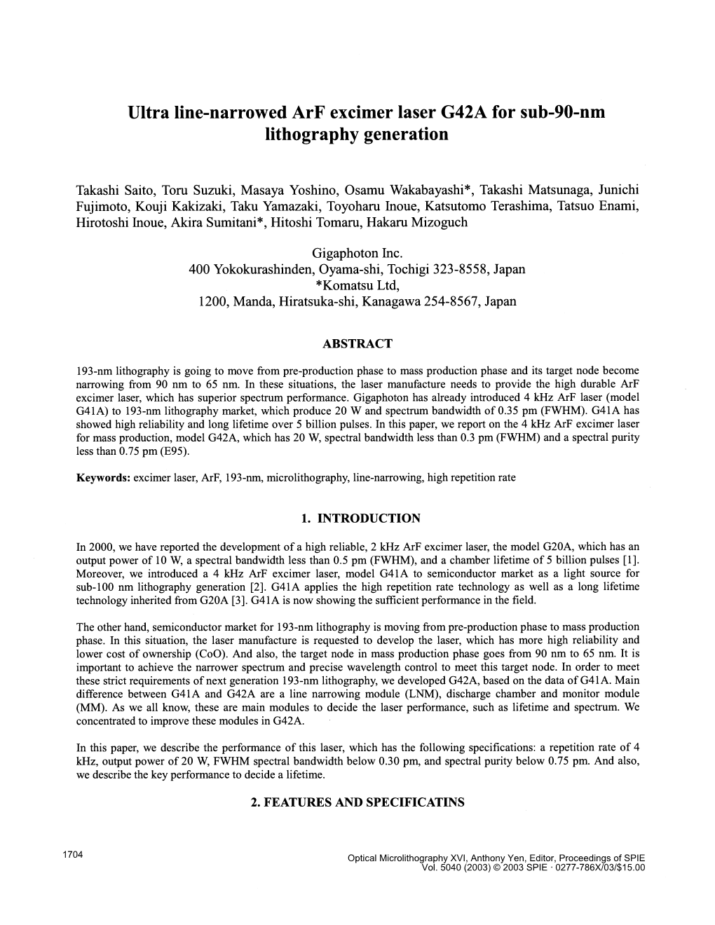 Ultra Line-Narrowed Arf Excimer Laser G42A for Sub-90-Nm Lithography Generation