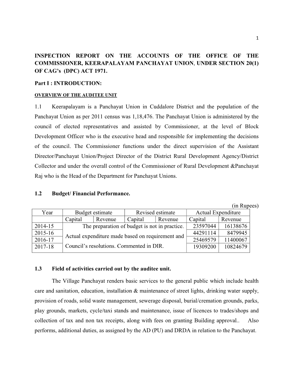 INSPECTION REPORT on the ACCOUNTS of the OFFICE of the COMMISSIONER, KEERAPALAYAM PANCHAYAT UNION, UNDER SECTION 20(1) of CAG’S (DPC) ACT 1971