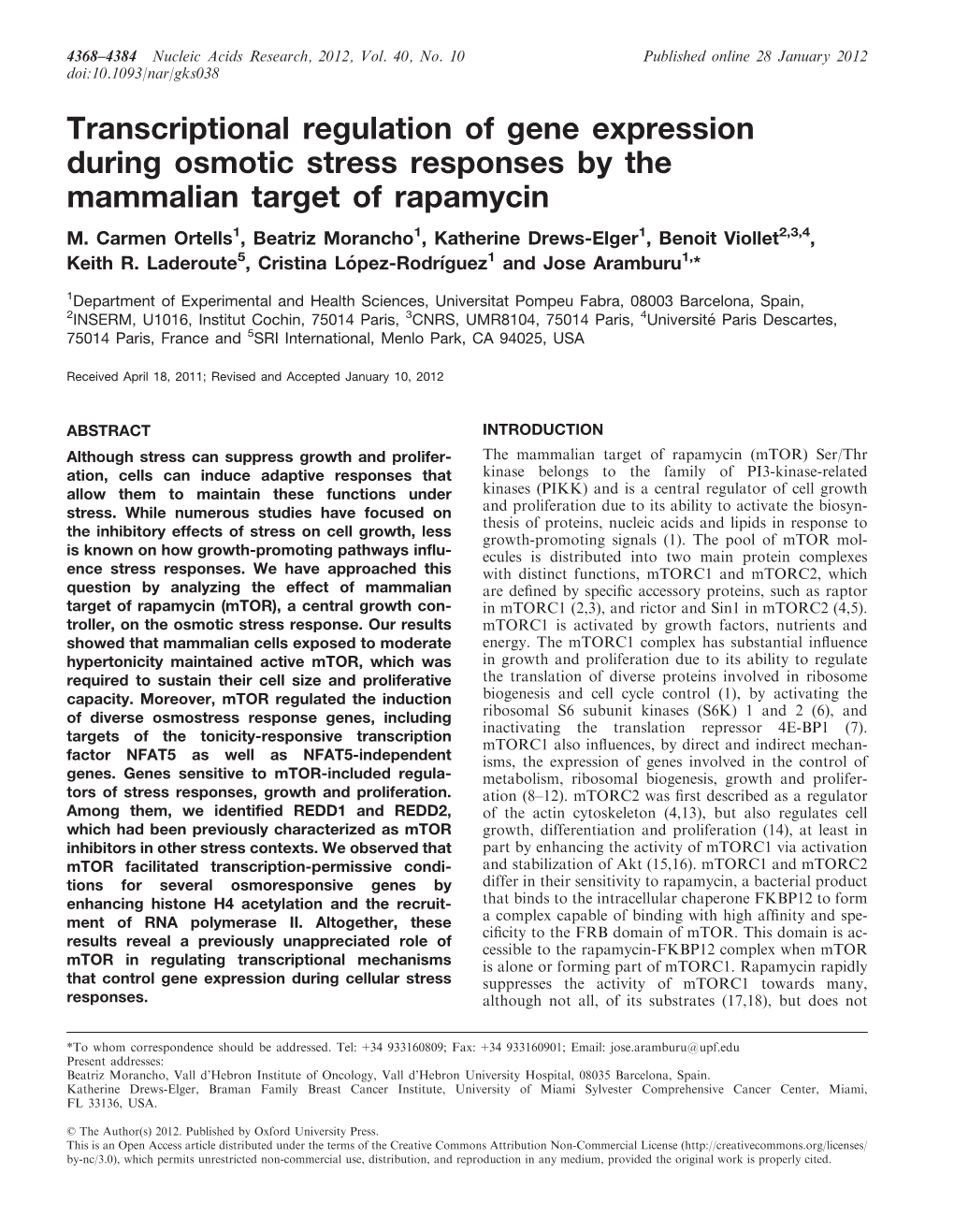 Transcriptional Regulation of Gene Expression During Osmotic Stress Responses by the Mammalian Target of Rapamycin M