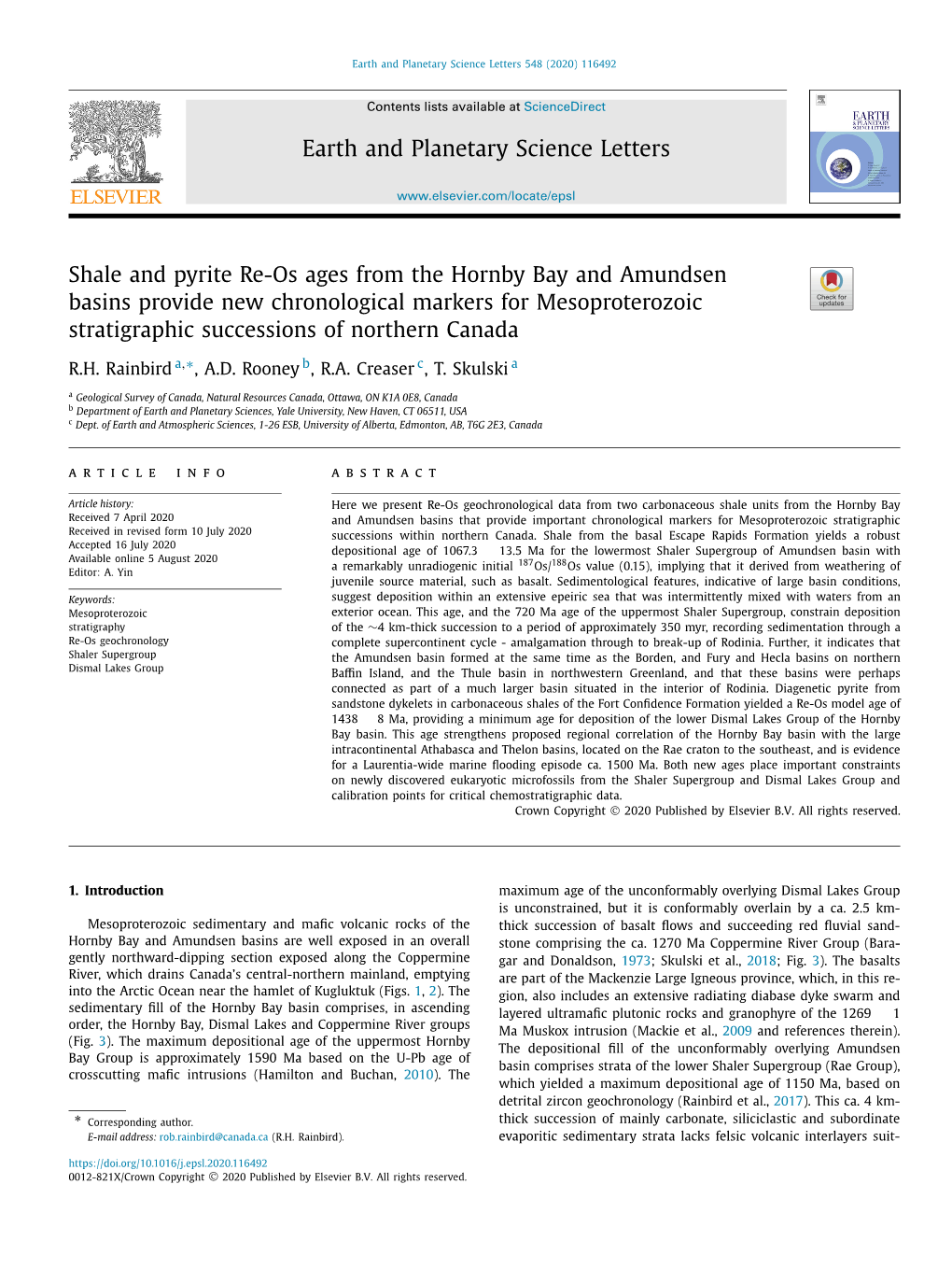 Shale and Pyrite Re-Os Ages from the Hornby Bay and Amundsen Basins Provide New Chronological Markers for Mesoproterozoic Strati