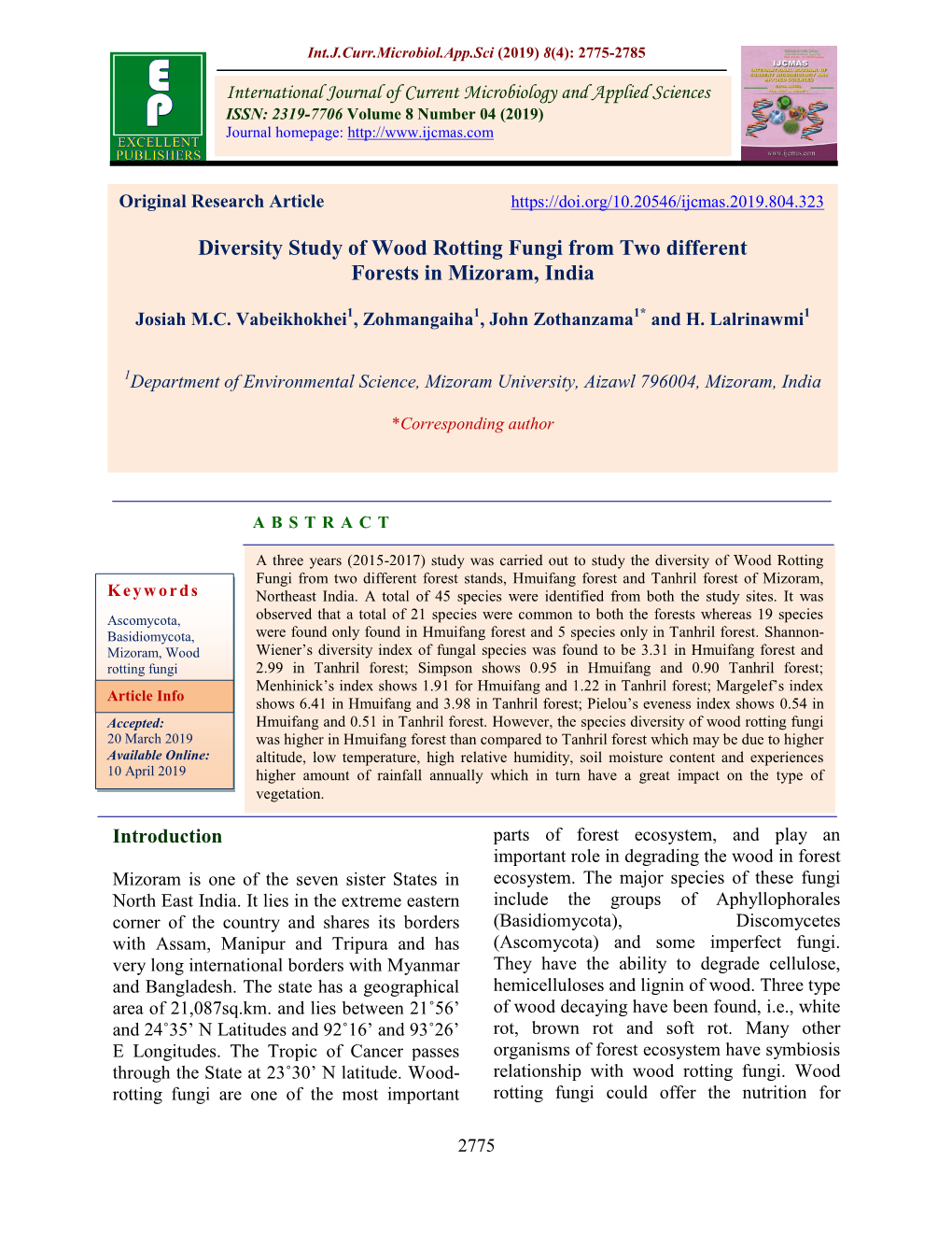 Diversity Study of Wood Rotting Fungi from Two Different Forests in Mizoram, India