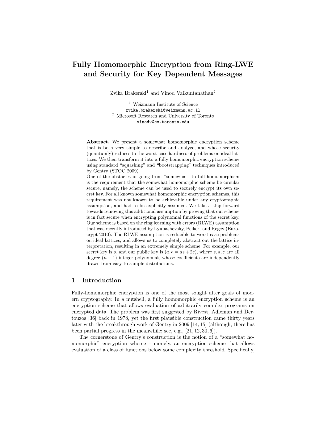 Fully Homomorphic Encryption from Ring-LWE and Security for Key Dependent Messages