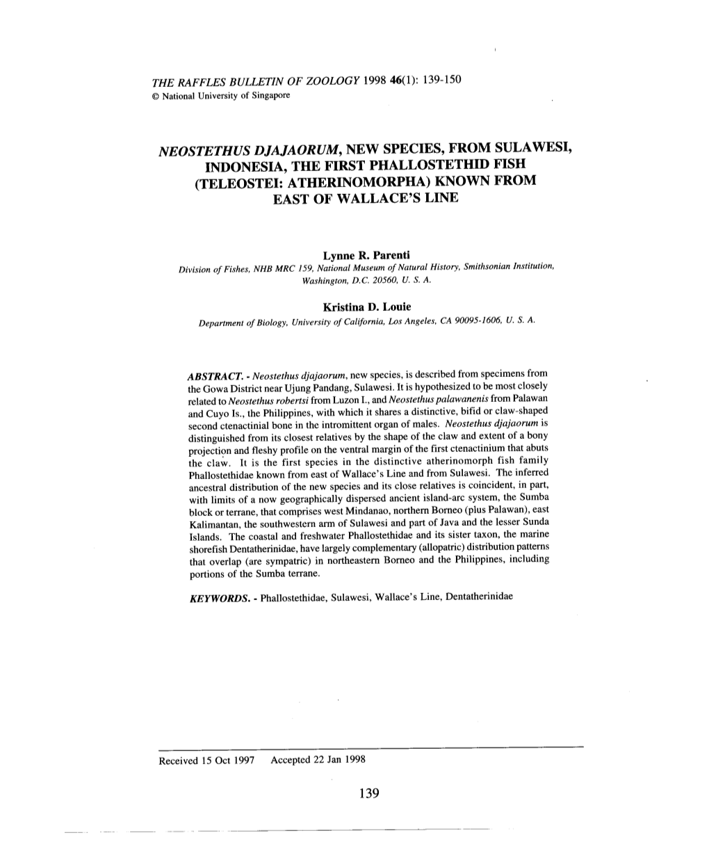 Neostethus Djajaorum, New Species, from Sulawesi, Indonesia, the First Phallostethid Fish (Teleostei: Atherinomorpha) Known from East of Wallace's Line