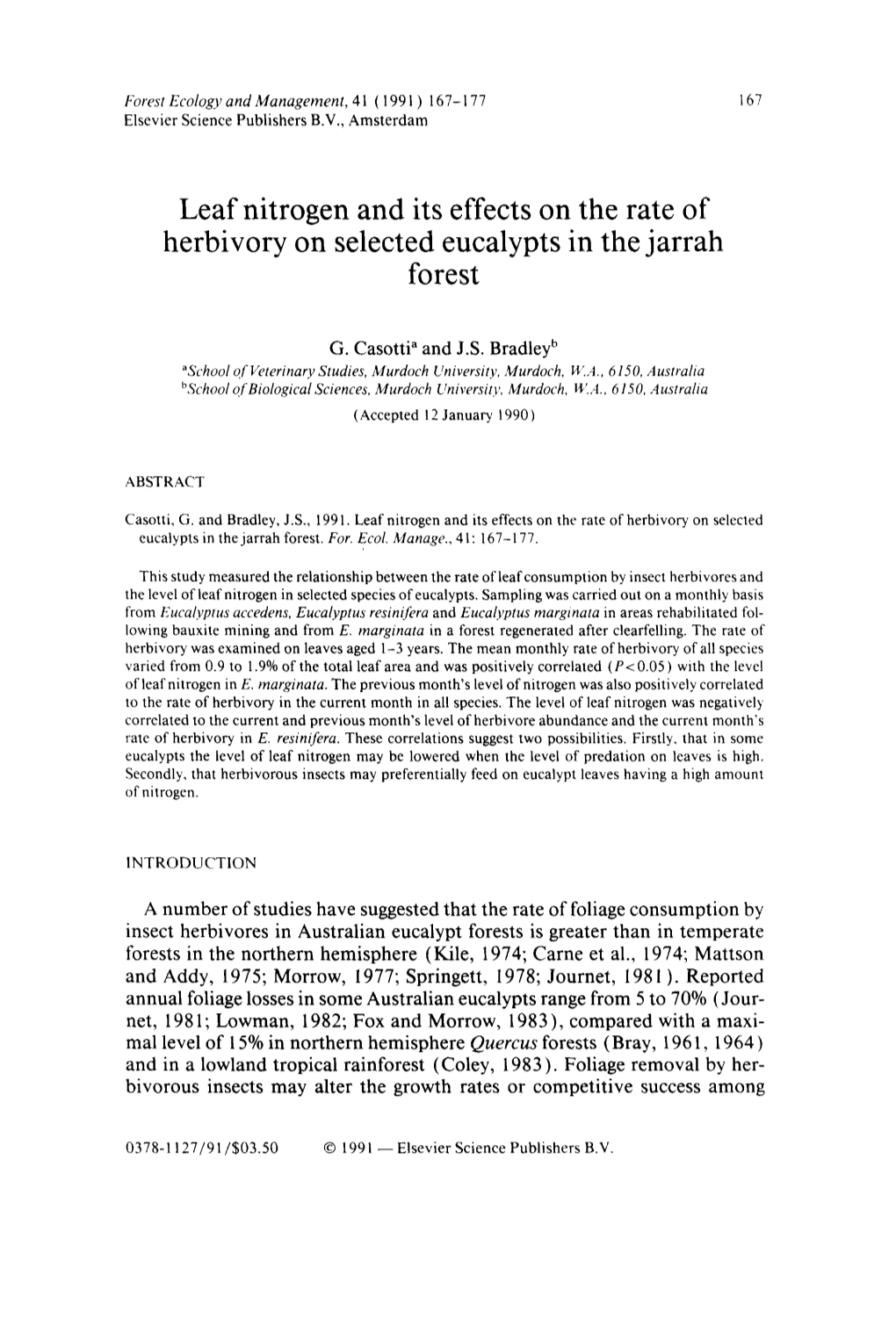 Leaf Nitrogen and Its Effects on the Rate of Herbivory on Selected Eucalypts in the Jarrah Forest