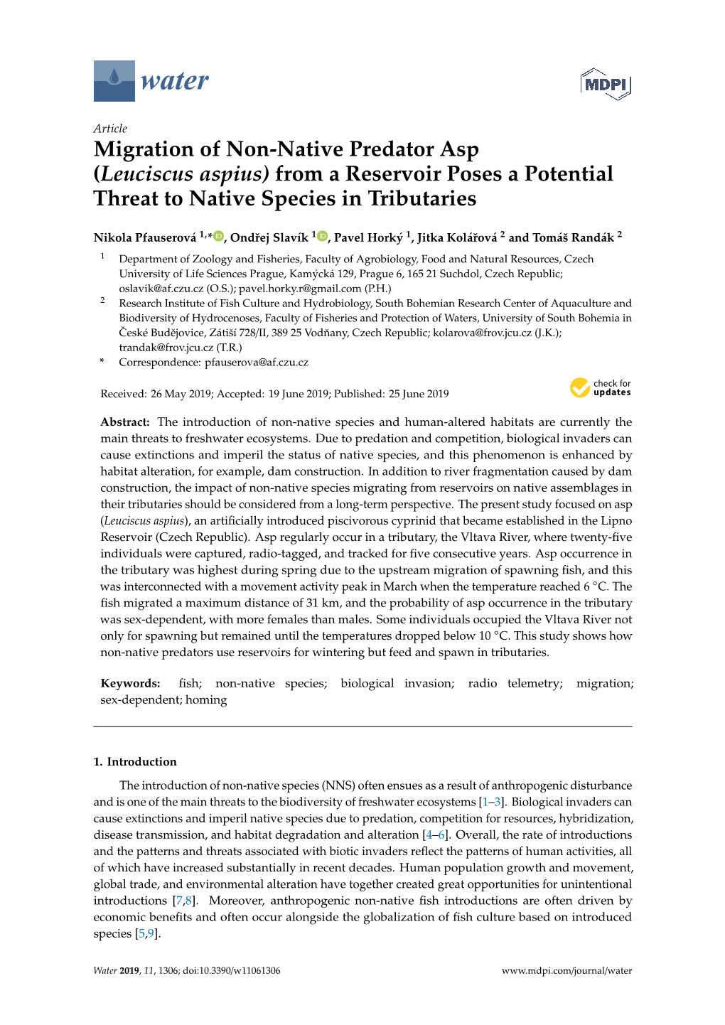 Migration of Non-Native Predator Asp (Leuciscus Aspius) from a Reservoir Poses a Potential Threat to Native Species in Tributaries