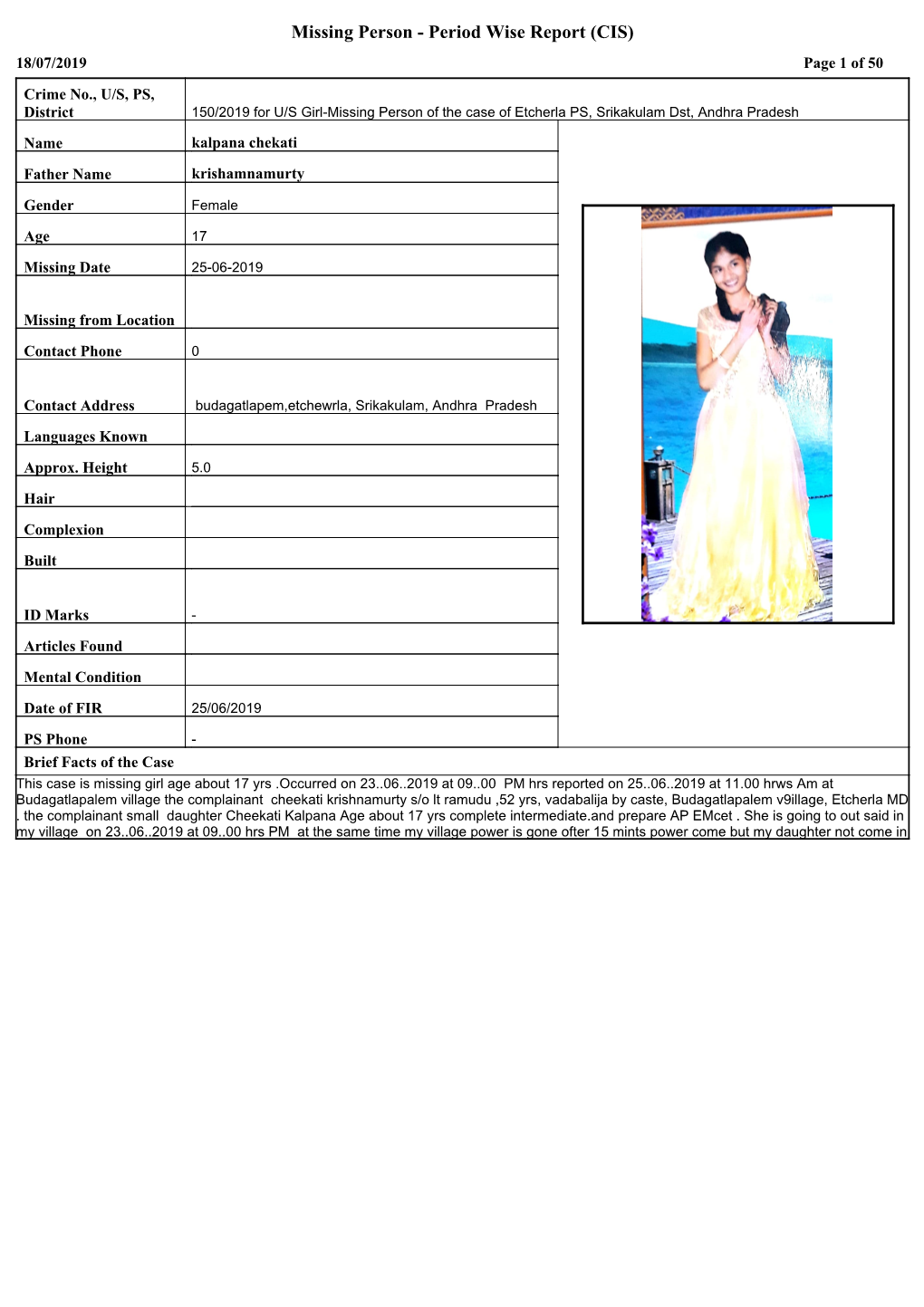 Missing Person - Period Wise Report (CIS) 18/07/2019 Page 1 of 50