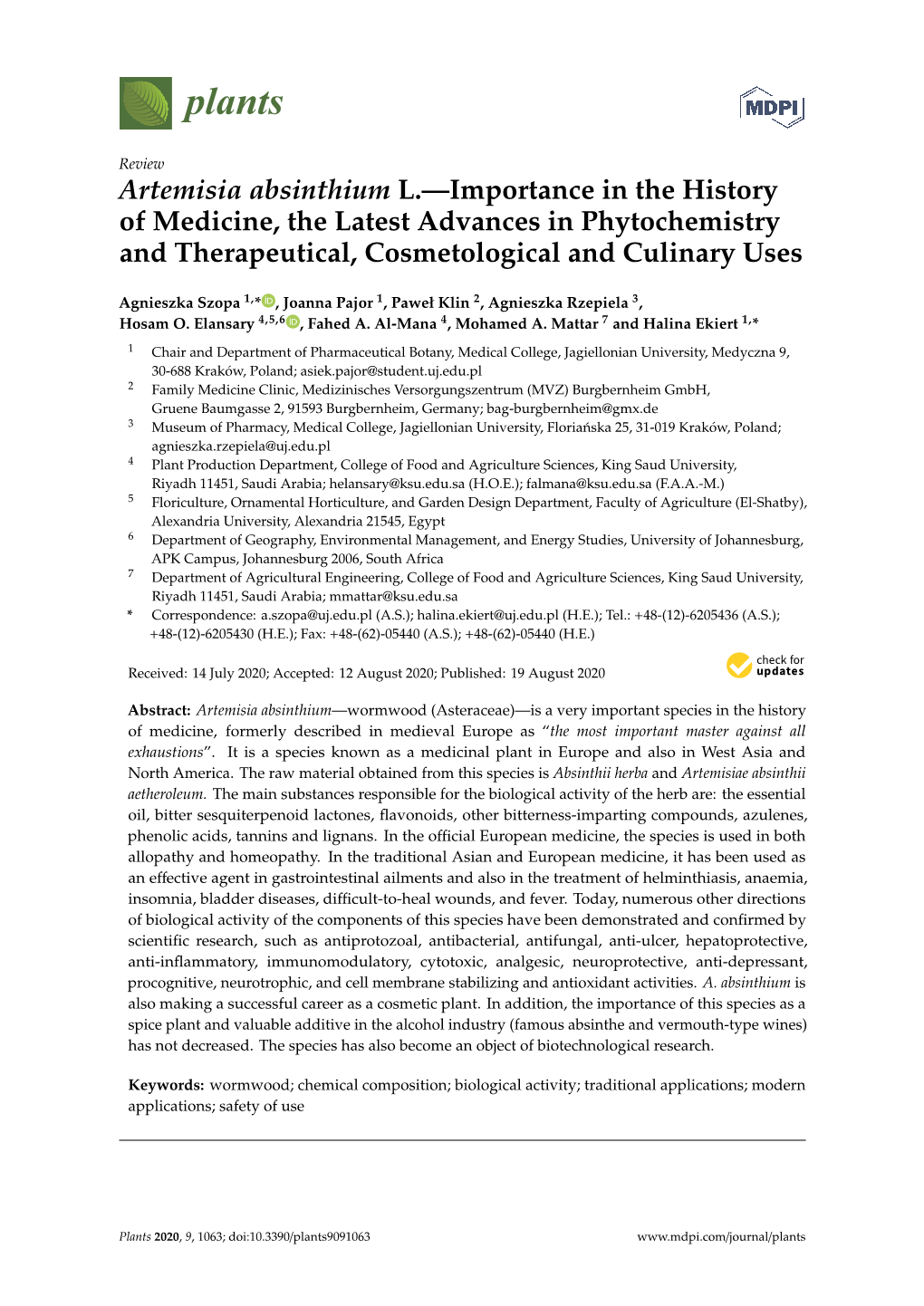 Artemisia Absinthium L.—Importance in the History of Medicine, the Latest Advances in Phytochemistry and Therapeutical, Cosmetological and Culinary Uses