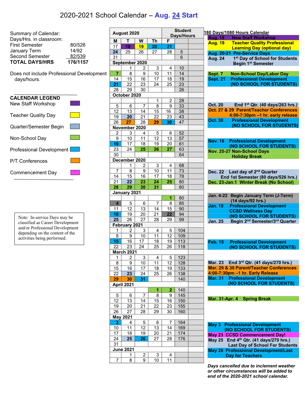 2020-2021 School Calendar – Aug. 24 Start