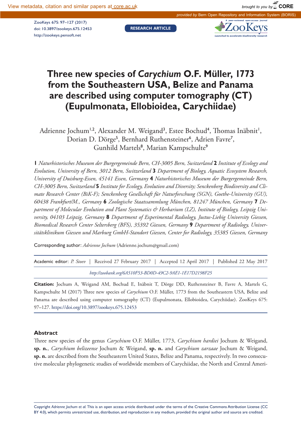 Three New Species of Carychium O.F. Müller, 1773 from the Southeastern USA, Belize and Panama Are Described Using Computer Tomo