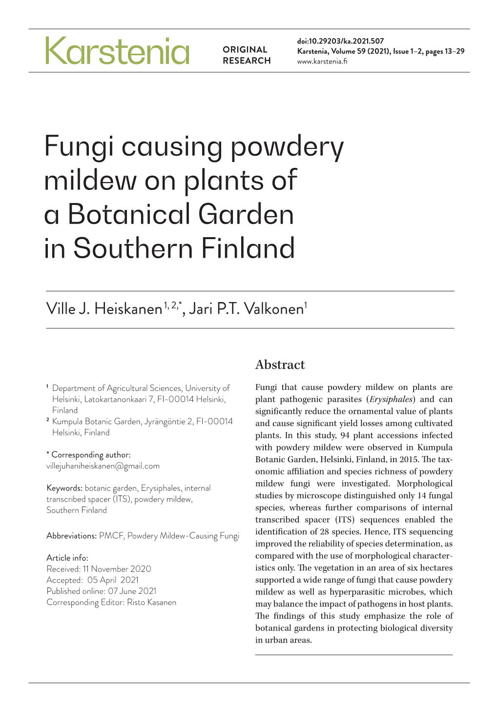 Fungi Causing Powdery Mildew on Plants of a Botanical Garden in Southern Finland