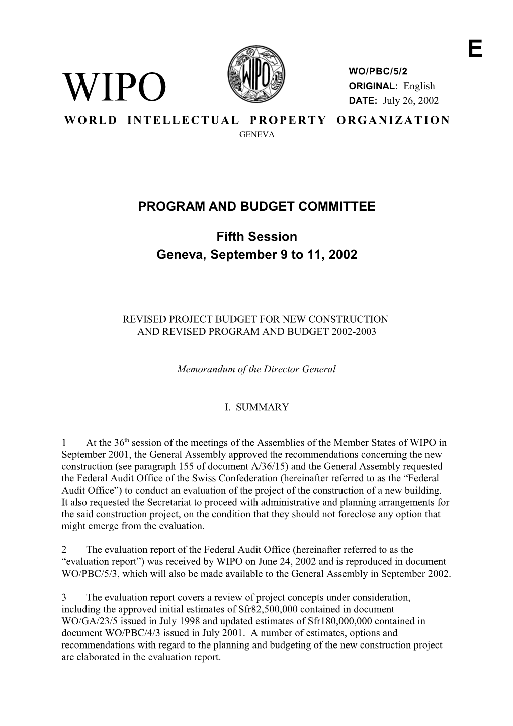 WO/PBC/5/2: Revised Project Budget for New Construction and Revised Program and Budget 2002-2003