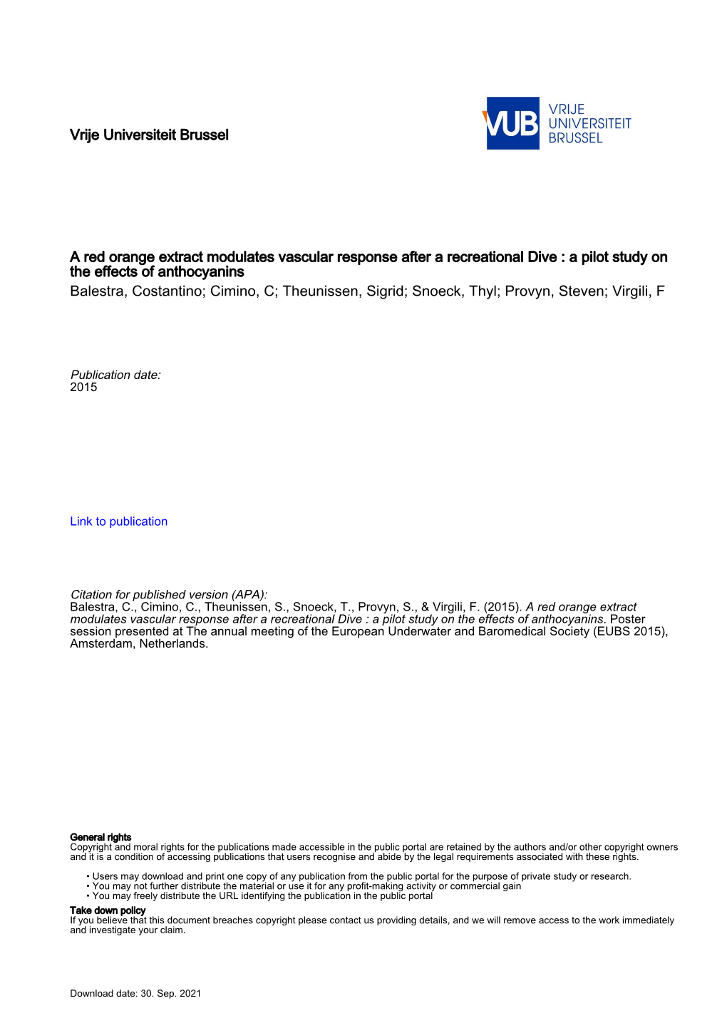 Vrije Universiteit Brussel a Red Orange Extract Modulates Vascular Response After a Recreational Dive : a Pilot Study on The