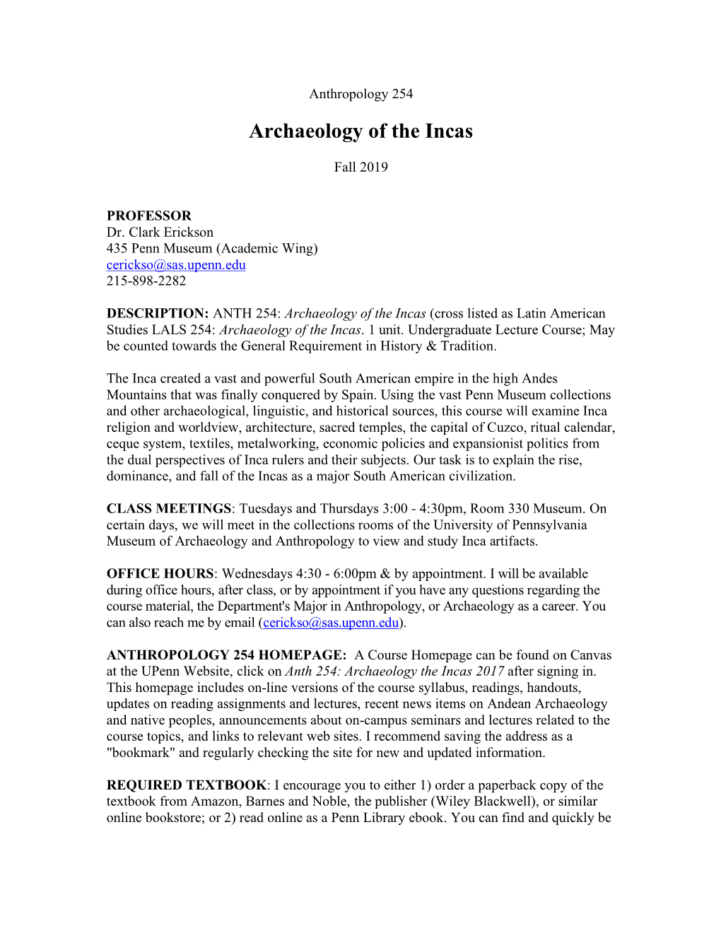 ANTH254 Archaeology of the Inca