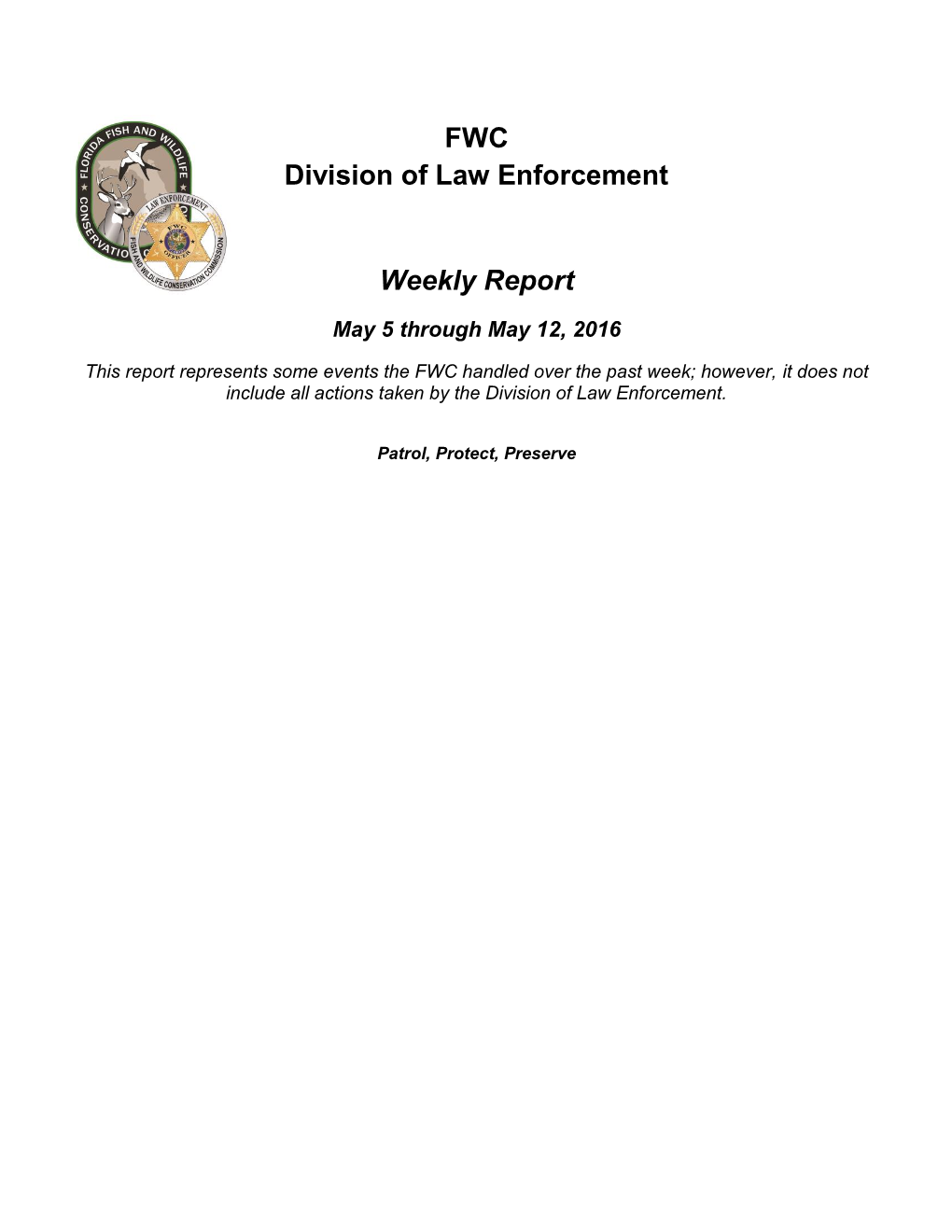 FWC Division of Law Enforcement Weekly Report