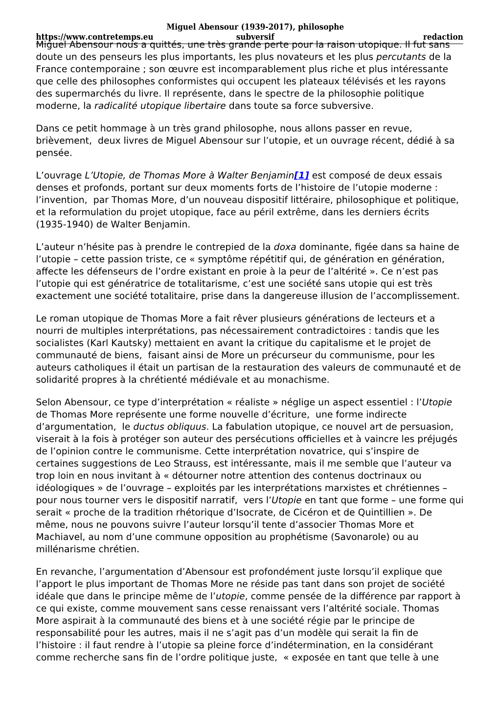 Miguel Abensour (1939-2017), Philosophe Subversif Redaction Miguel Abensour Nous a Quittés, Une Très Grande Perte Pour La Raison Utopique