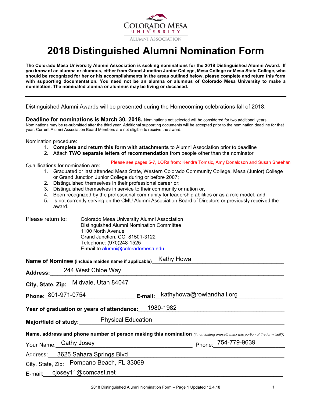 2018 Distinguished Alumni Nomination Form