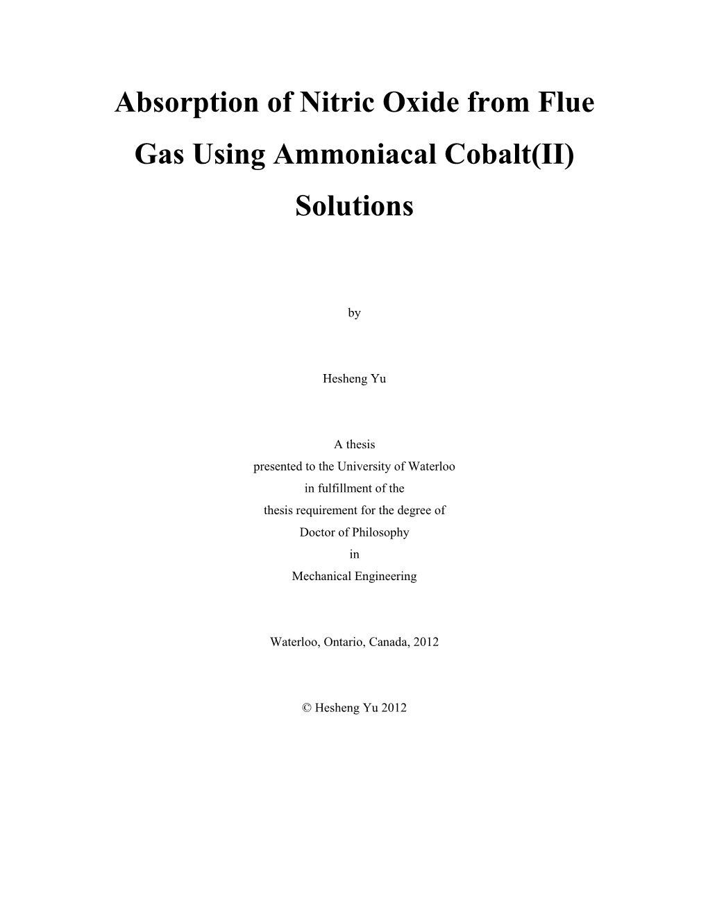 Absorption of Nitric Oxide from Flue Gas Using Ammoniacal Cobalt(II) Solutions