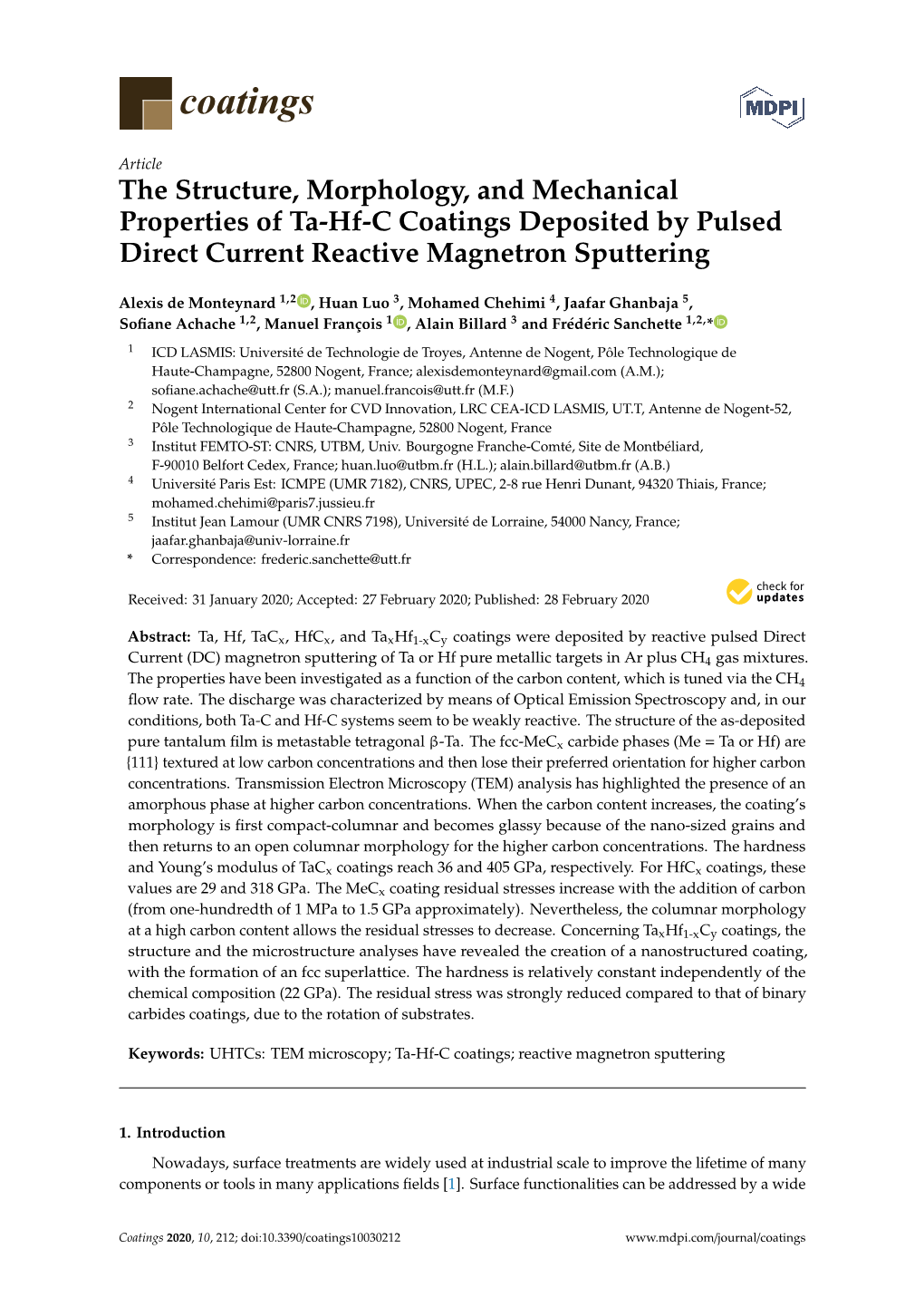 The Structure, Morphology, and Mechanical Properties of Ta-Hf-C Coatings Deposited by Pulsed Direct Current Reactive Magnetron Sputtering