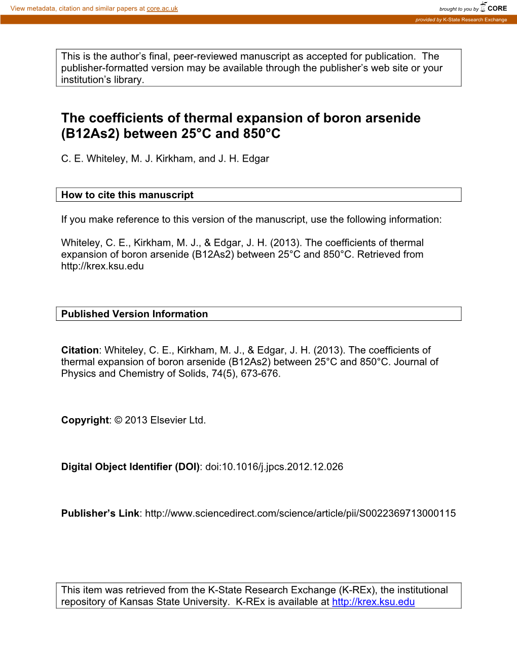 The Coefficients of Thermal Expansion of Boron Arsenide (B12as2) Between 25°C and 850°C