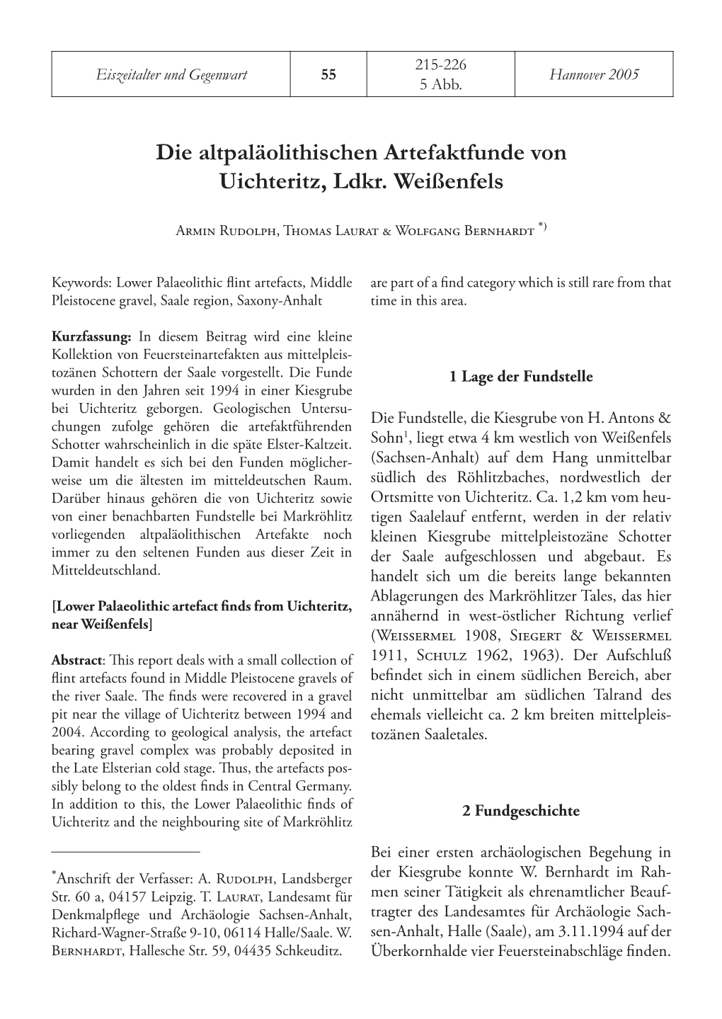 Die Altpaläolithischen Artefaktfunde Von Uichteritz, Ldkr. Weißenfels