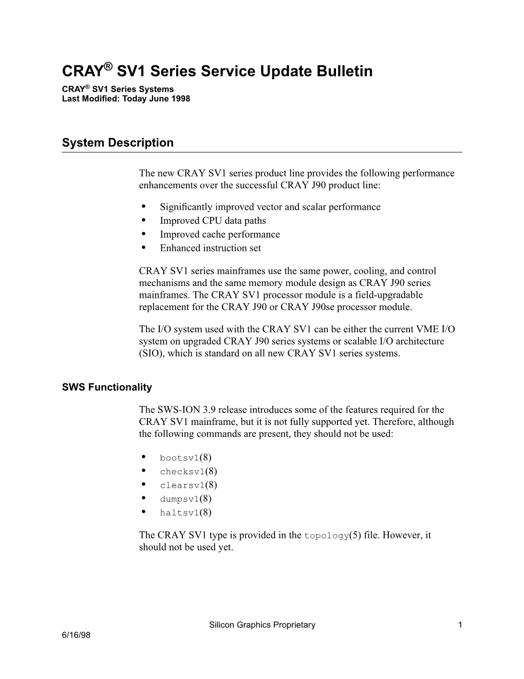 CRAY SV1 Series Service Update Bulletin