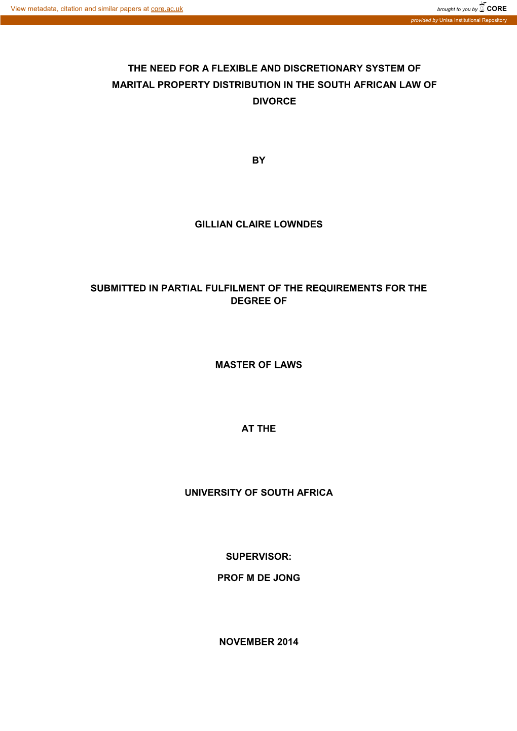 The Need for a Flexible and Discretionary System of Marital Property Distribution in the South African Law of Divorce