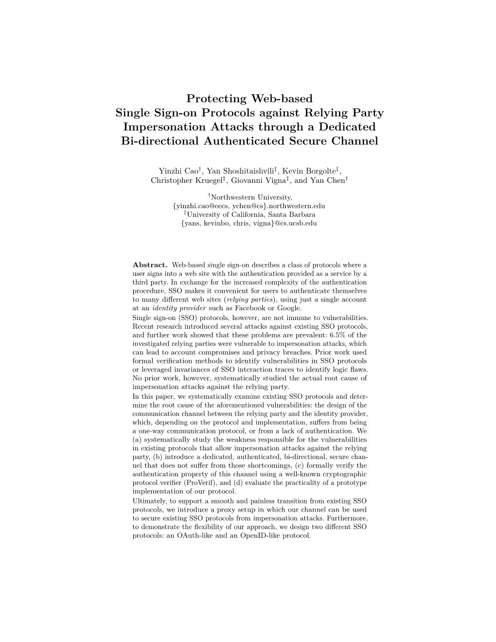 Protecting Web-Based Single Sign-On Protocols Against Relying Party Impersonation Attacks Through a Dedicated Bi-Directional Authenticated Secure Channel