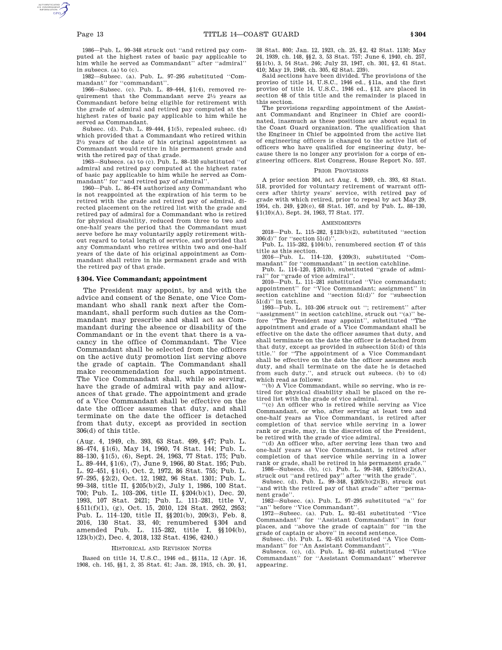 Page 13 TITLE 14—COAST GUARD § 304 § 304. Vice Commandant