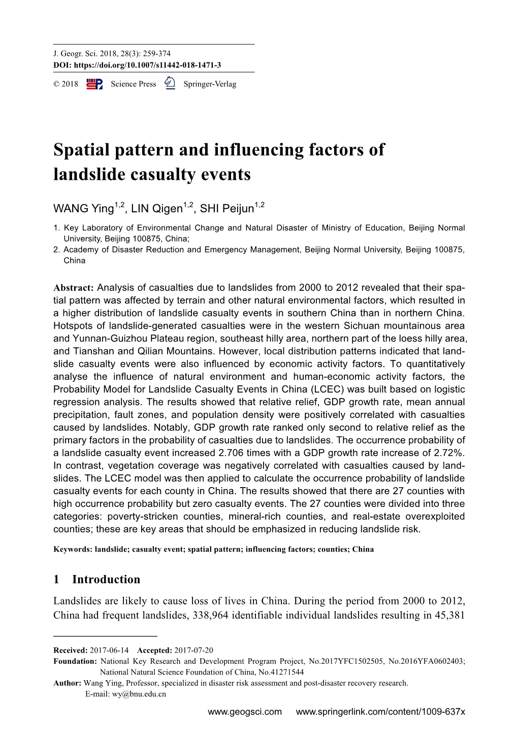 Spatial Pattern and Influencing Factors of Landslide Casualty Events