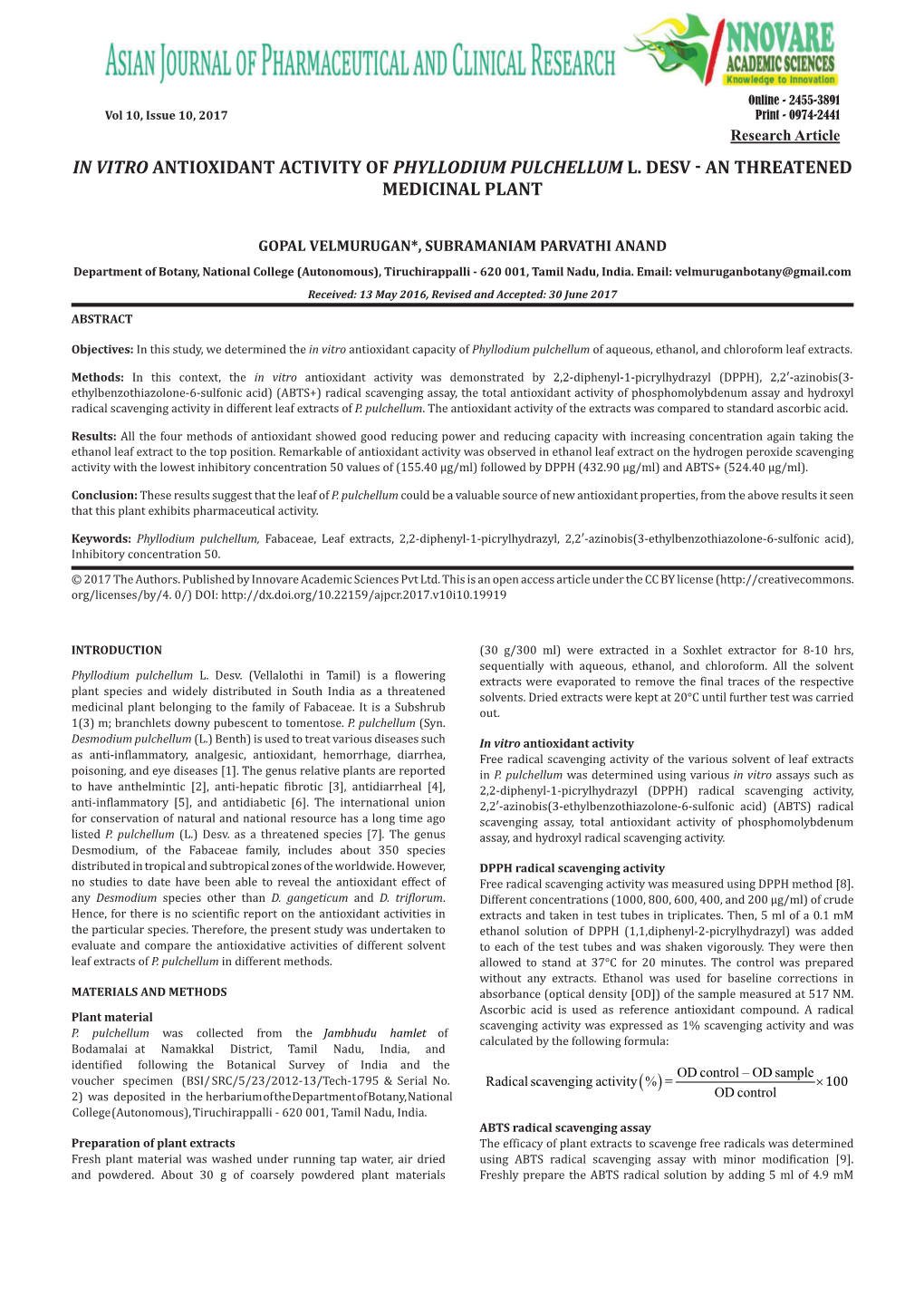 In Vitro Antioxidant Activity of Phyllodium Pulchellum L. Desv - an Threatened Medicinal Plant