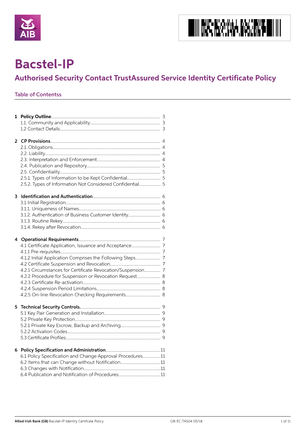 Bacstel-IP Authorised Security Contact Trustassured Service Identity Certificate Policy