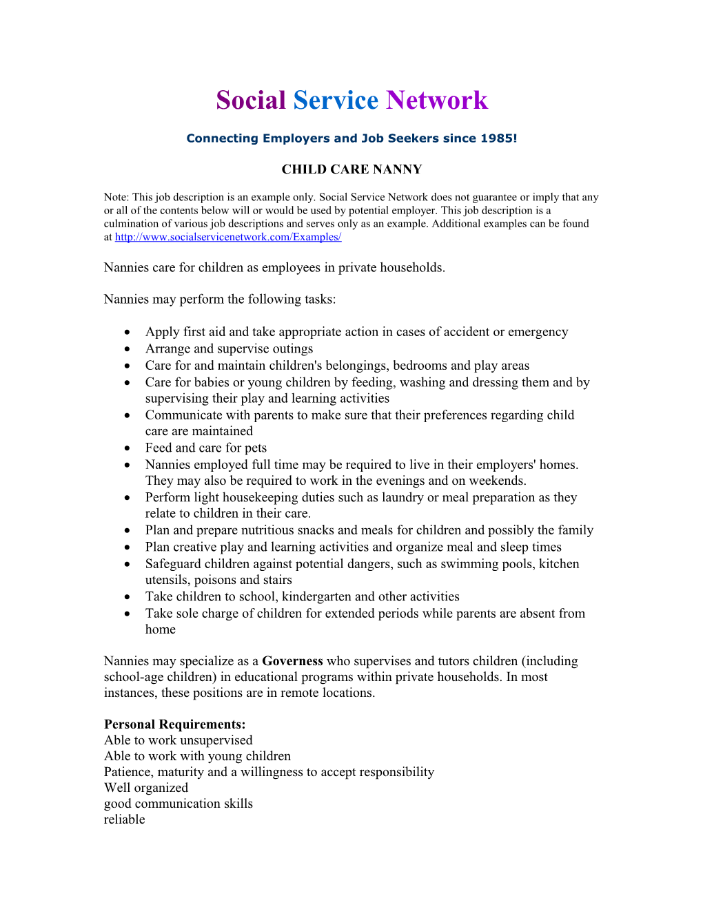 Child Care Nanny Job Description