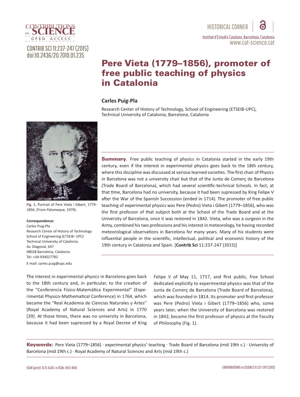 Pere Vieta (1779–1856), Promoter of Free Public Teaching of Physics in Catalonia