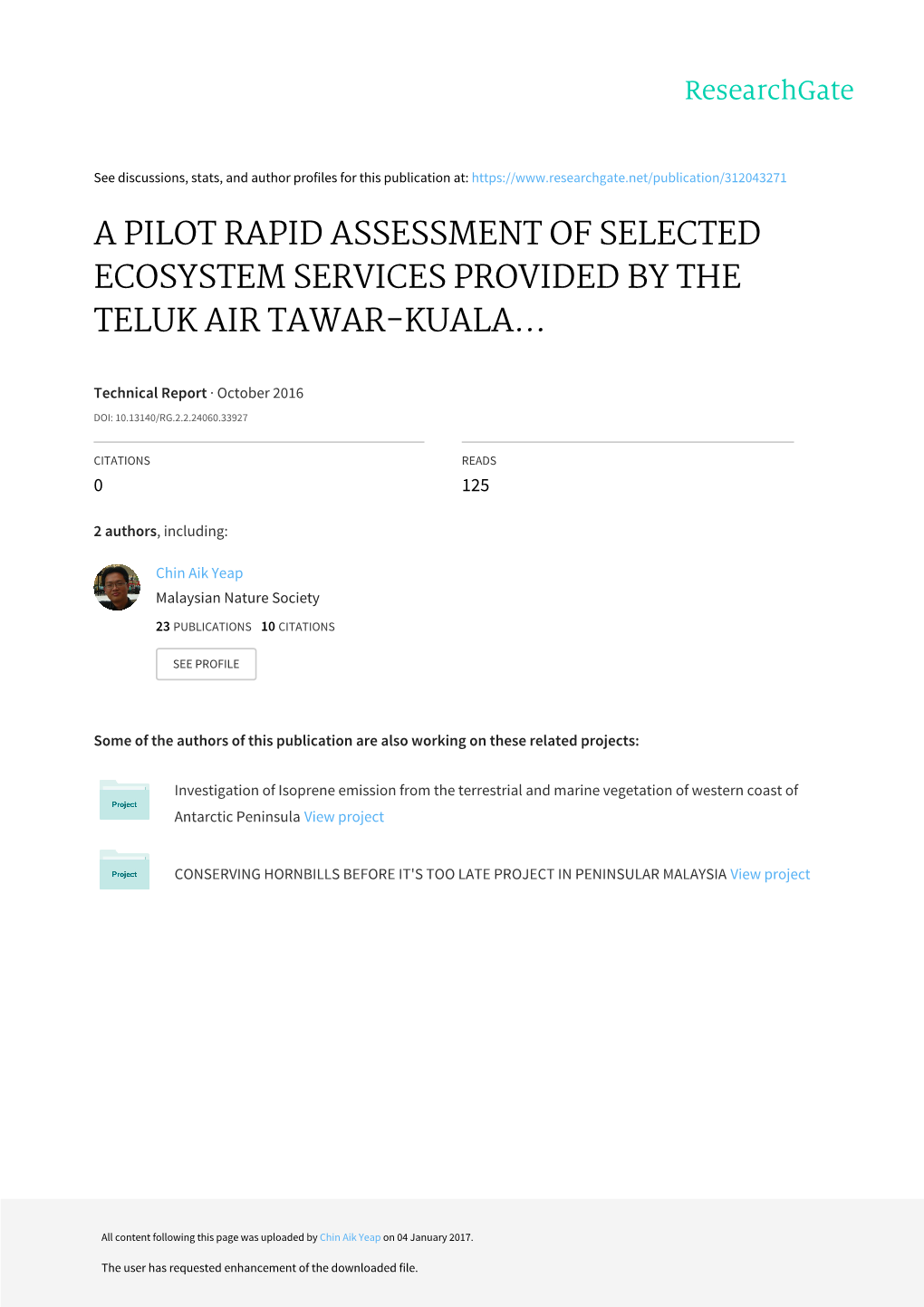 Ecosystem Services Assessment of the Teluk Ayer Tawar IBA, Penang