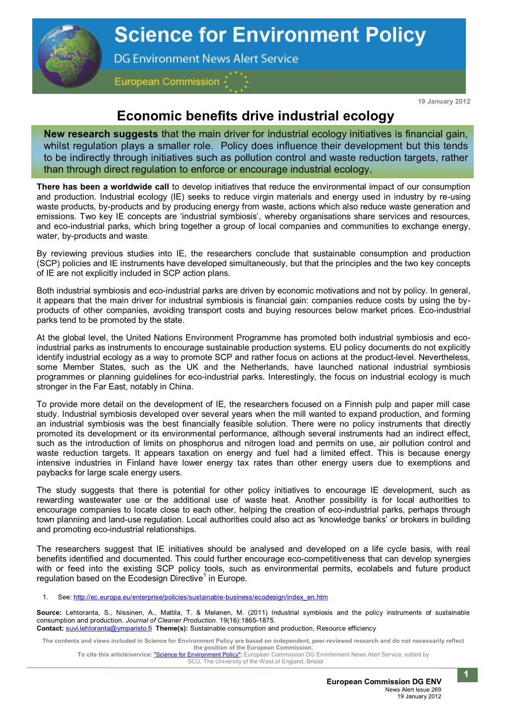 Economic Benefits Drive Industrial Ecology