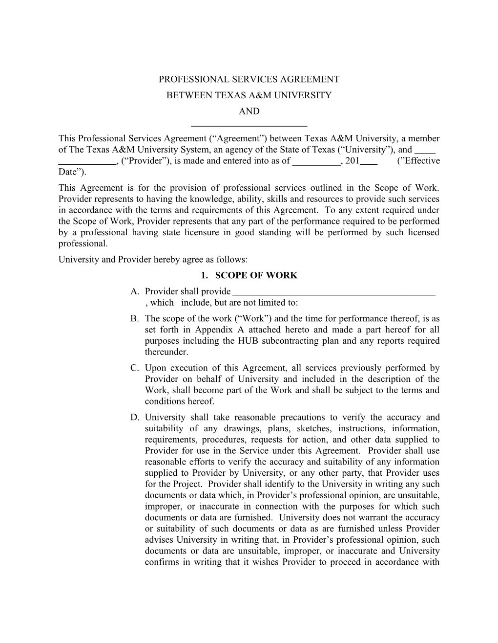 Texas A&M University Professional Services Agreement Page 8 of 8