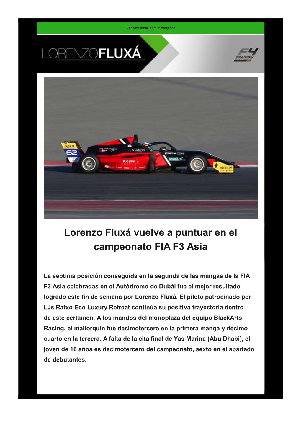 Lorenzo Fluxá Vuelve a Puntuar En El Campeonato FIA F3 Asia