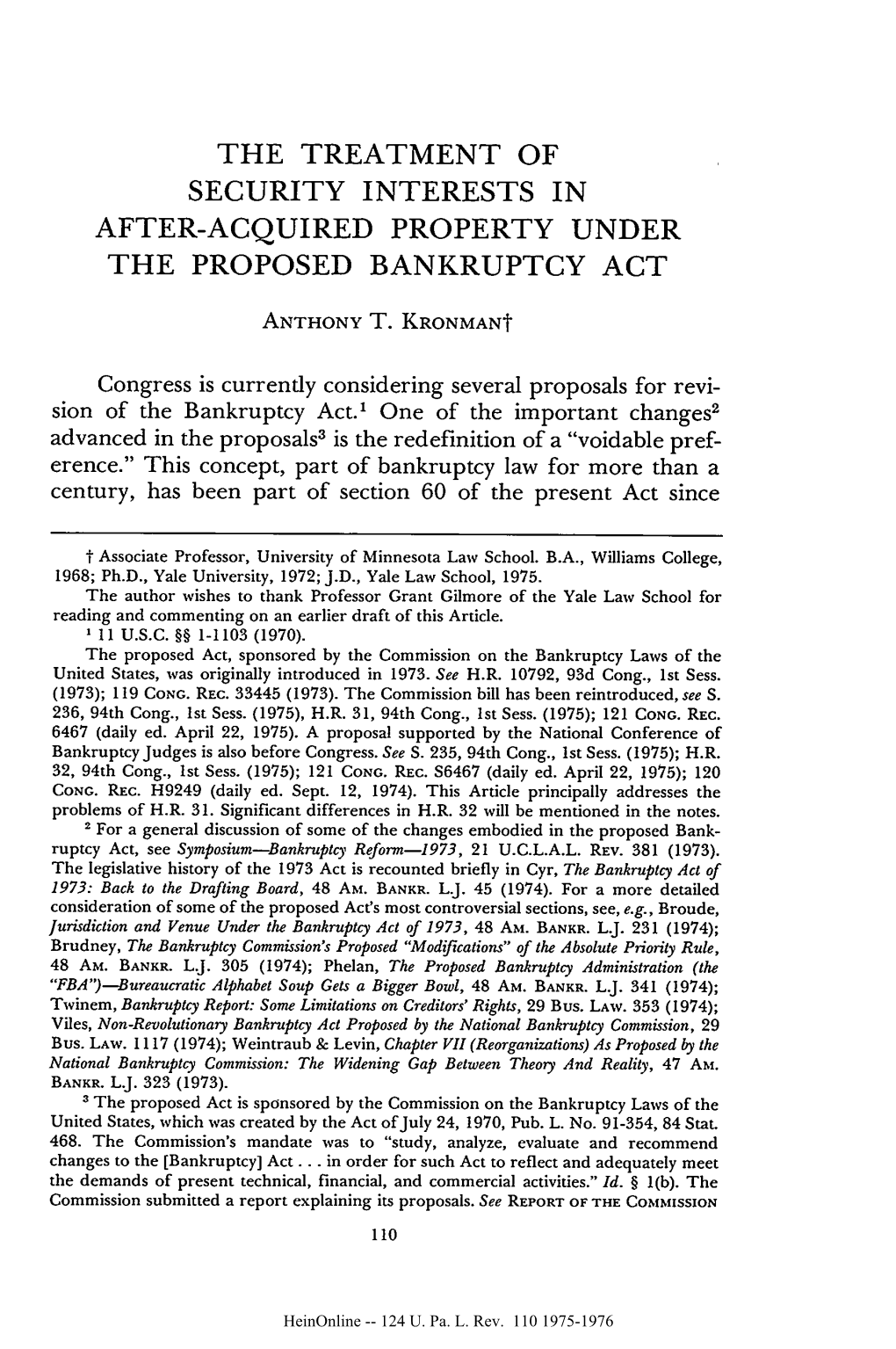 The Treatment of Security Interests in After-Acquired Property Under the Proposed Bankruptcy Act