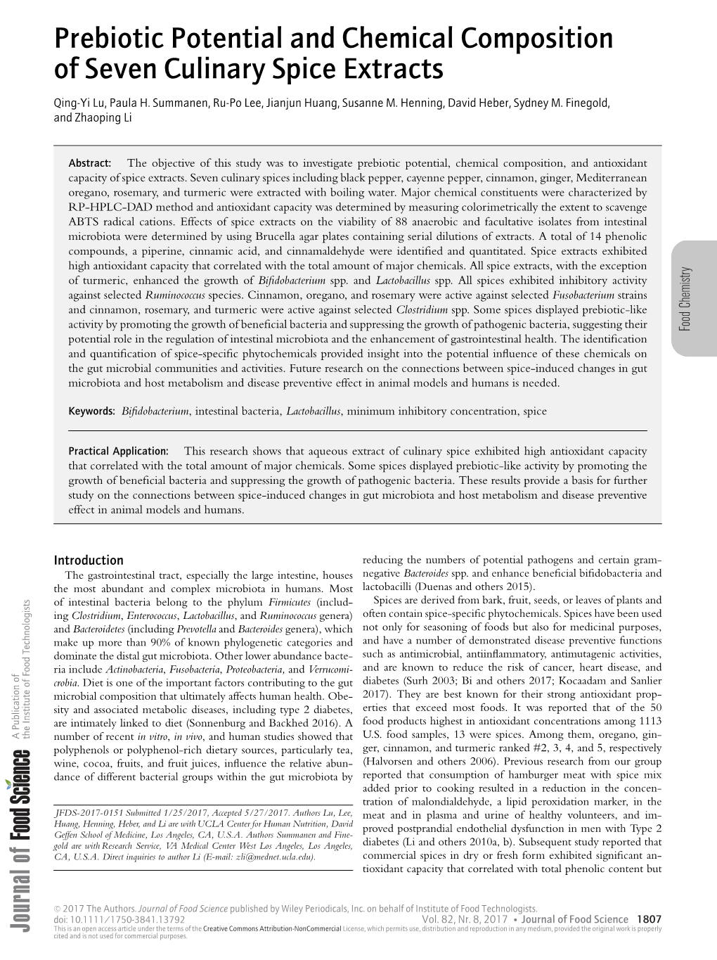 Prebiotic Potential and Chemical Composition of Seven Culinary