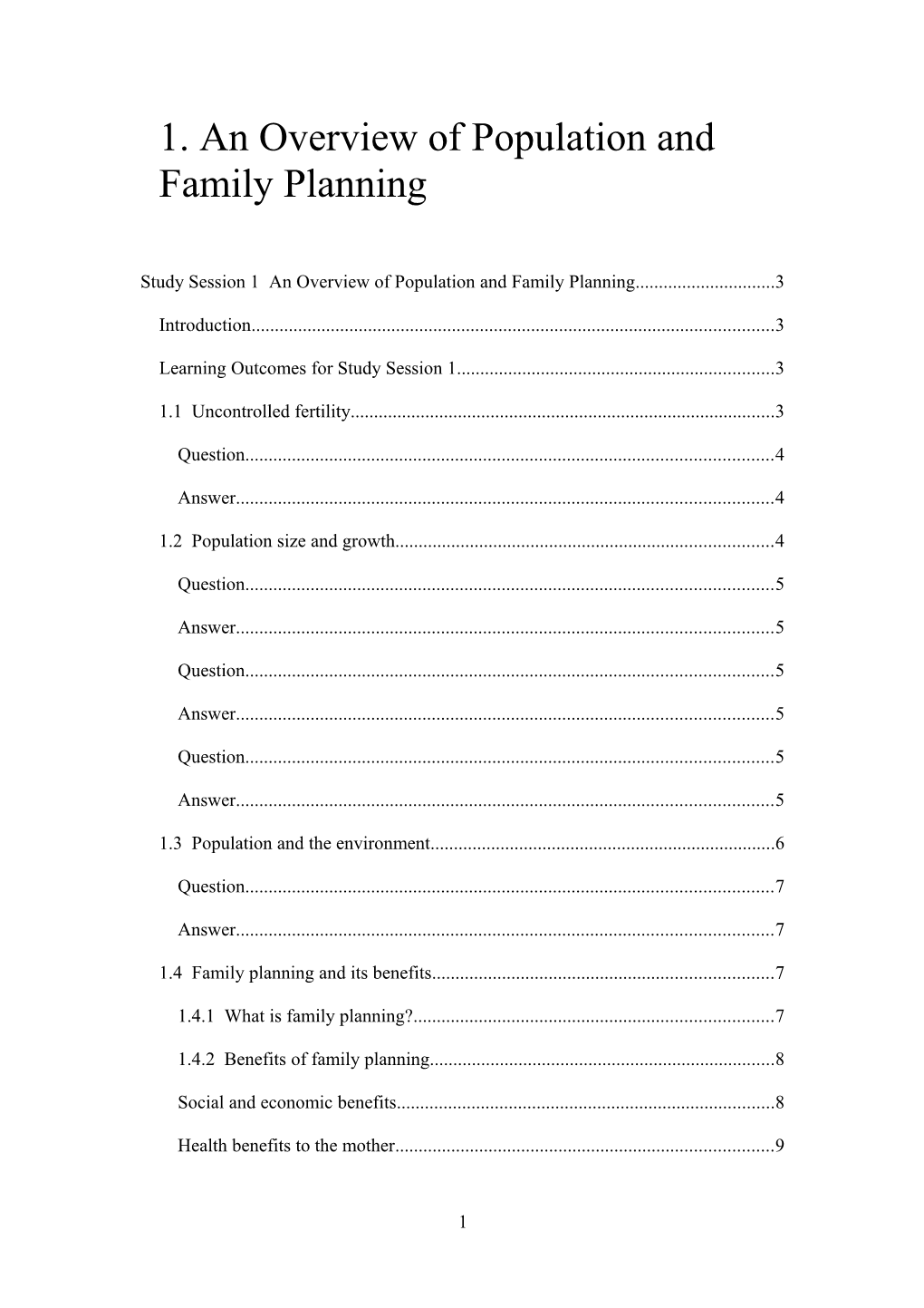 1. an Overview of Population and Family Planning