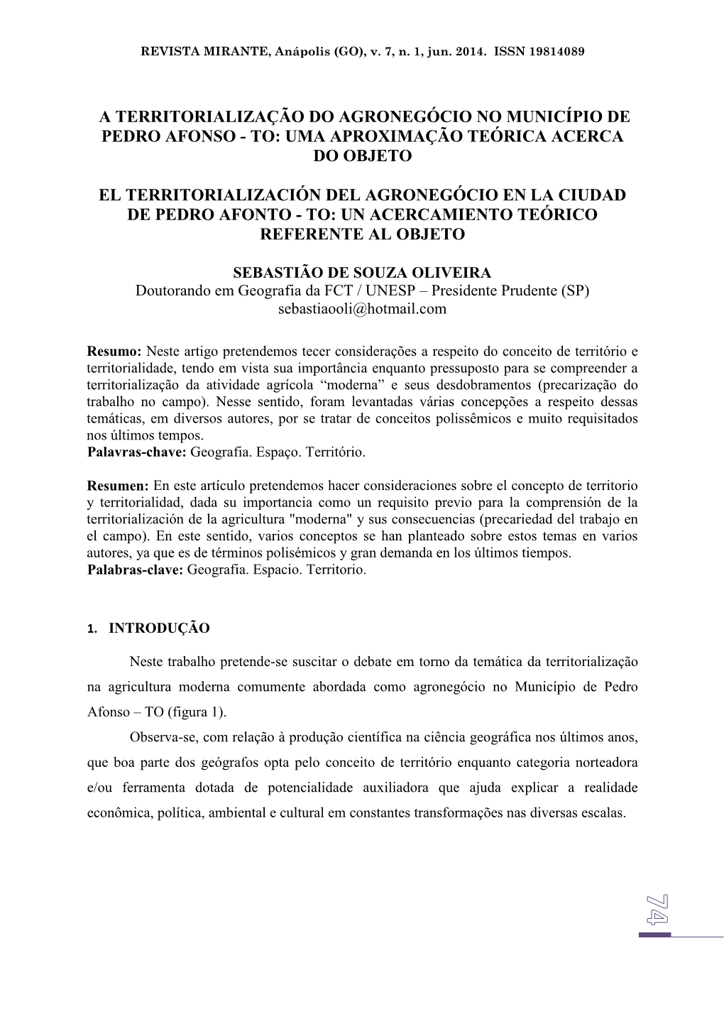 A Territorialização Do Agronegócio No Município De Pedro Afonso - To: Uma Aproximação Teórica Acerca Do Objeto