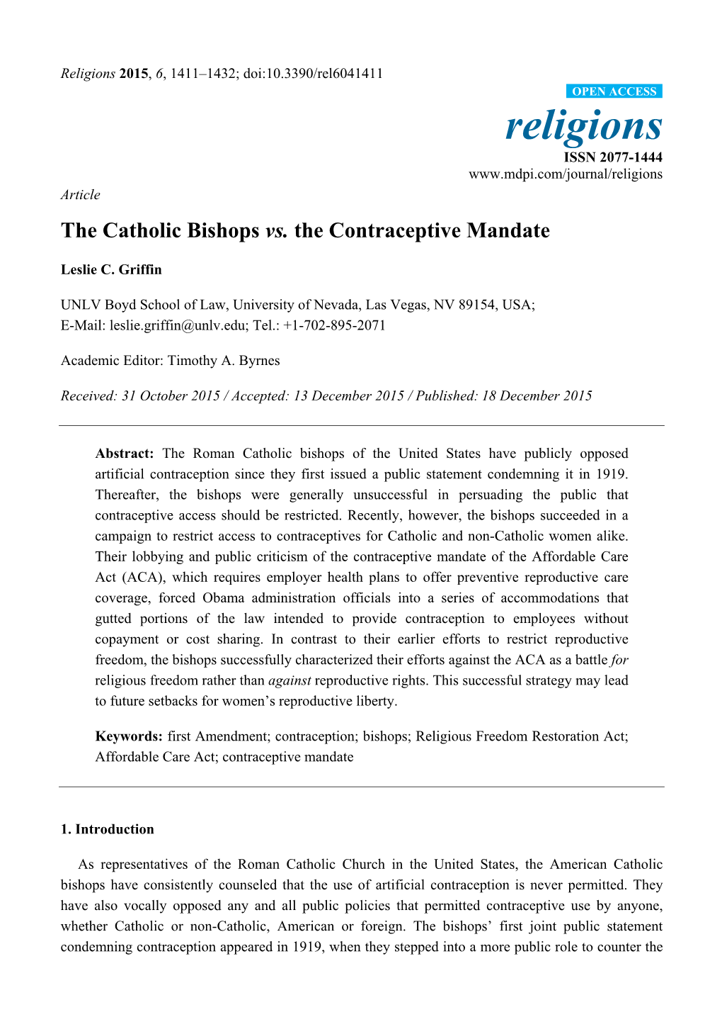 The Catholic Bishops Vs. the Contraceptive Mandate