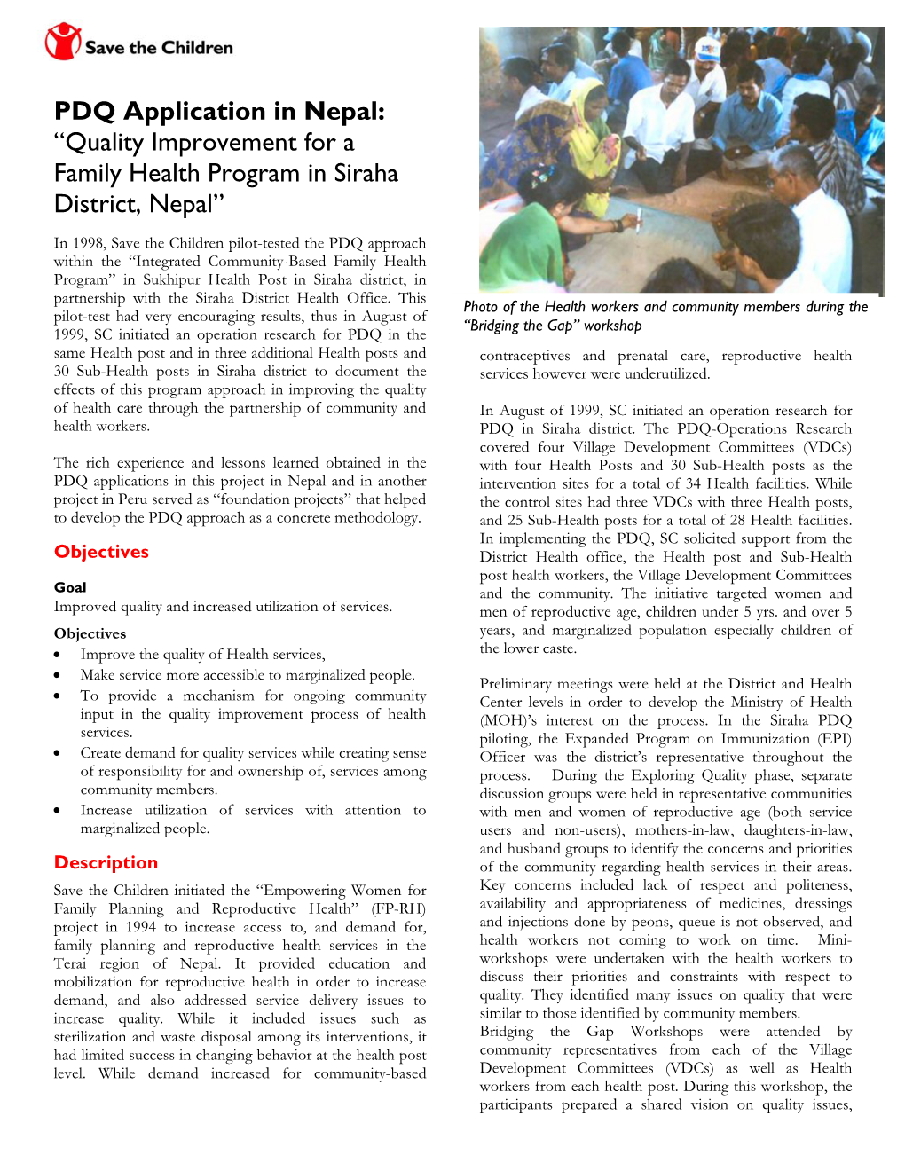 PDQ Application in Nepal: “Quality Improvement for a Family Health Program in Siraha District, Nepal”