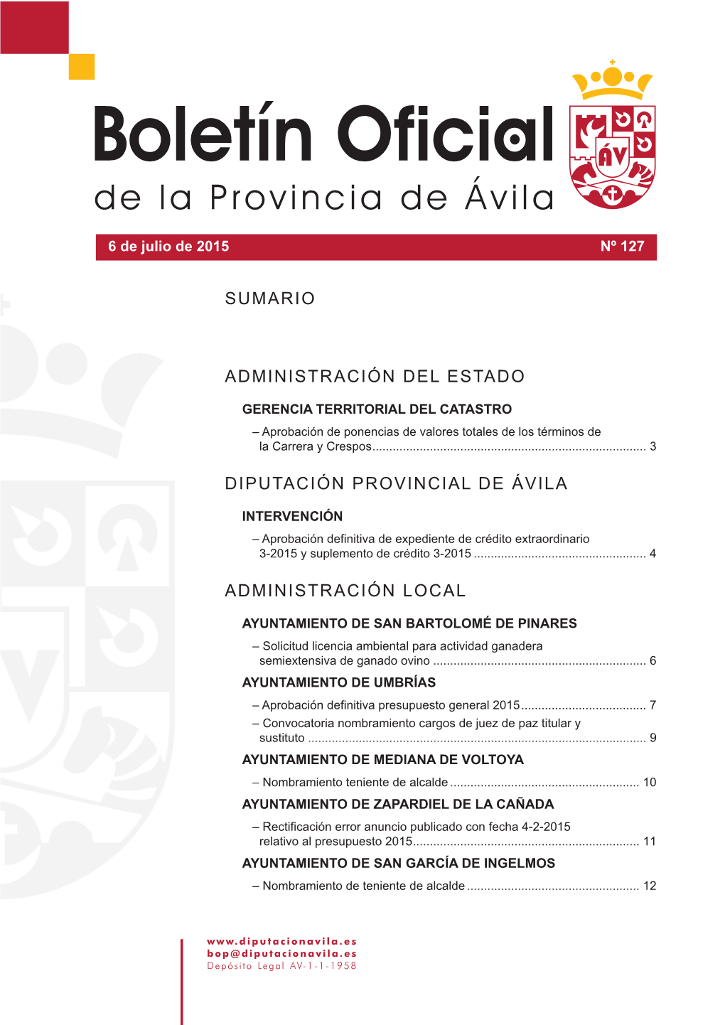 Administración Del Estado Diputación Provincial De Ávila Administración Local Sumario