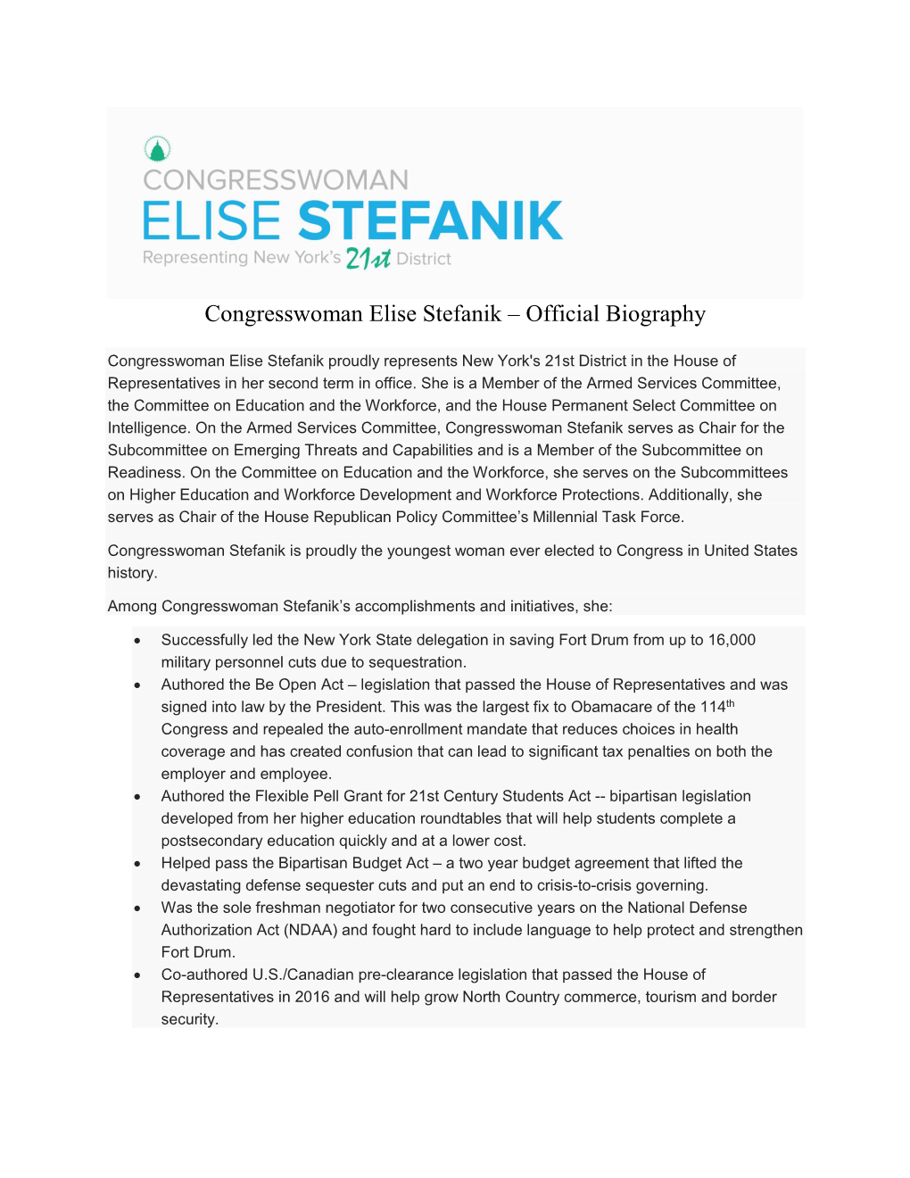 Congresswoman Elise Stefanik – Official Biography