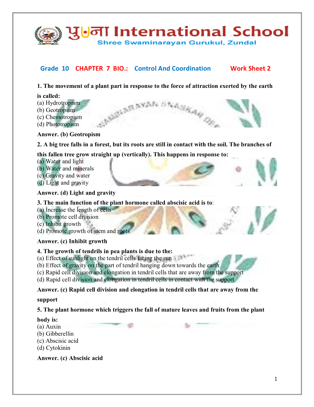 Grade 10 CHAPTER 7 BIO.: Control and Coordination Work Sheet 2