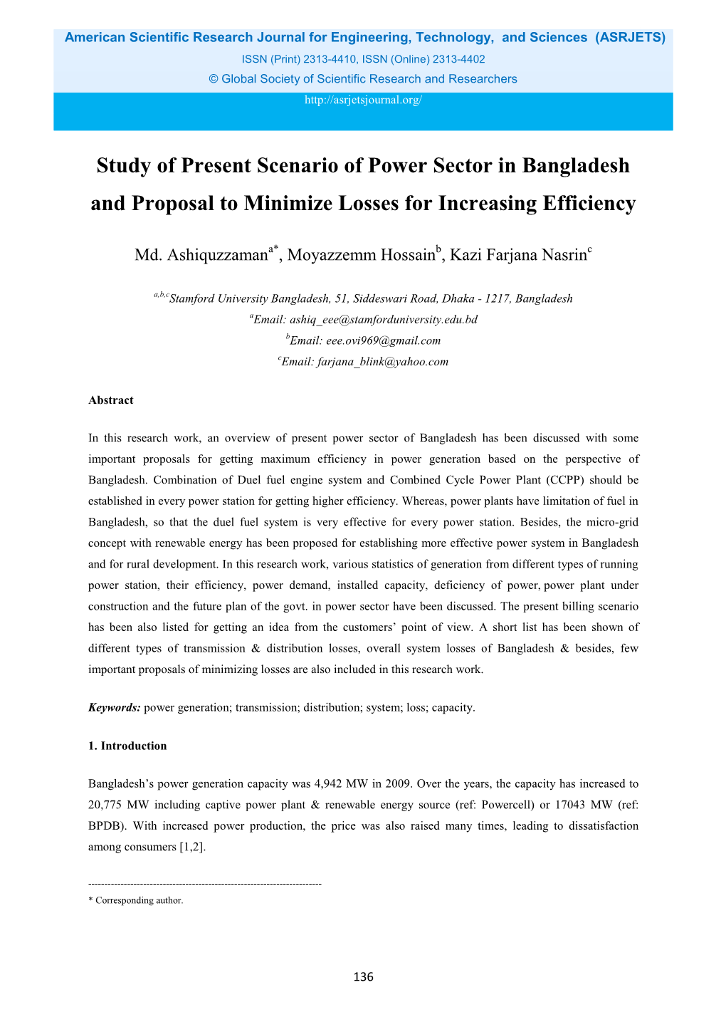 Study of Present Scenario of Power Sector in Bangladesh and Proposal to Minimize Losses for Increasing Efficiency