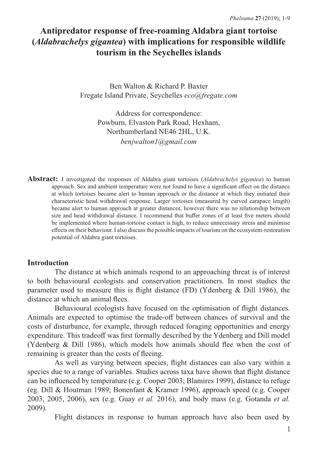 Aldabrachelys Gigantea) with Implications for Responsible Wildlife Tourism in the Seychelles Islands